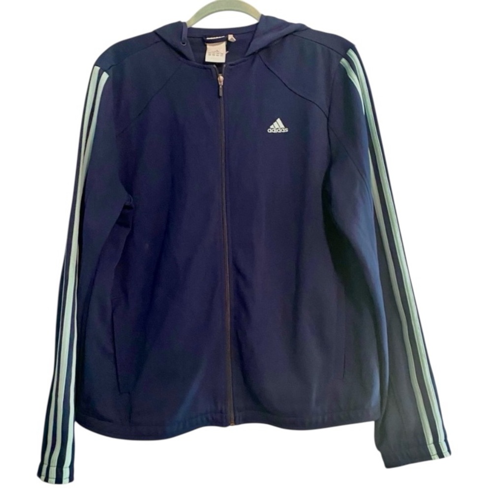 Adidas Navy Hooded Zip Jacket Light Blue Stripes Three Stripes Clima365 Sz L